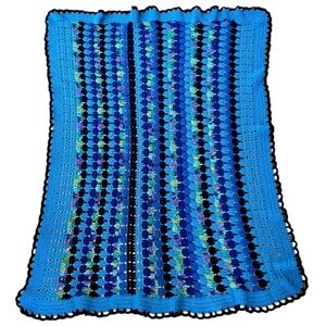 Handmade Blue Multicolor Crochet Afghan Blanket Scalloped Rectangle Multicolor